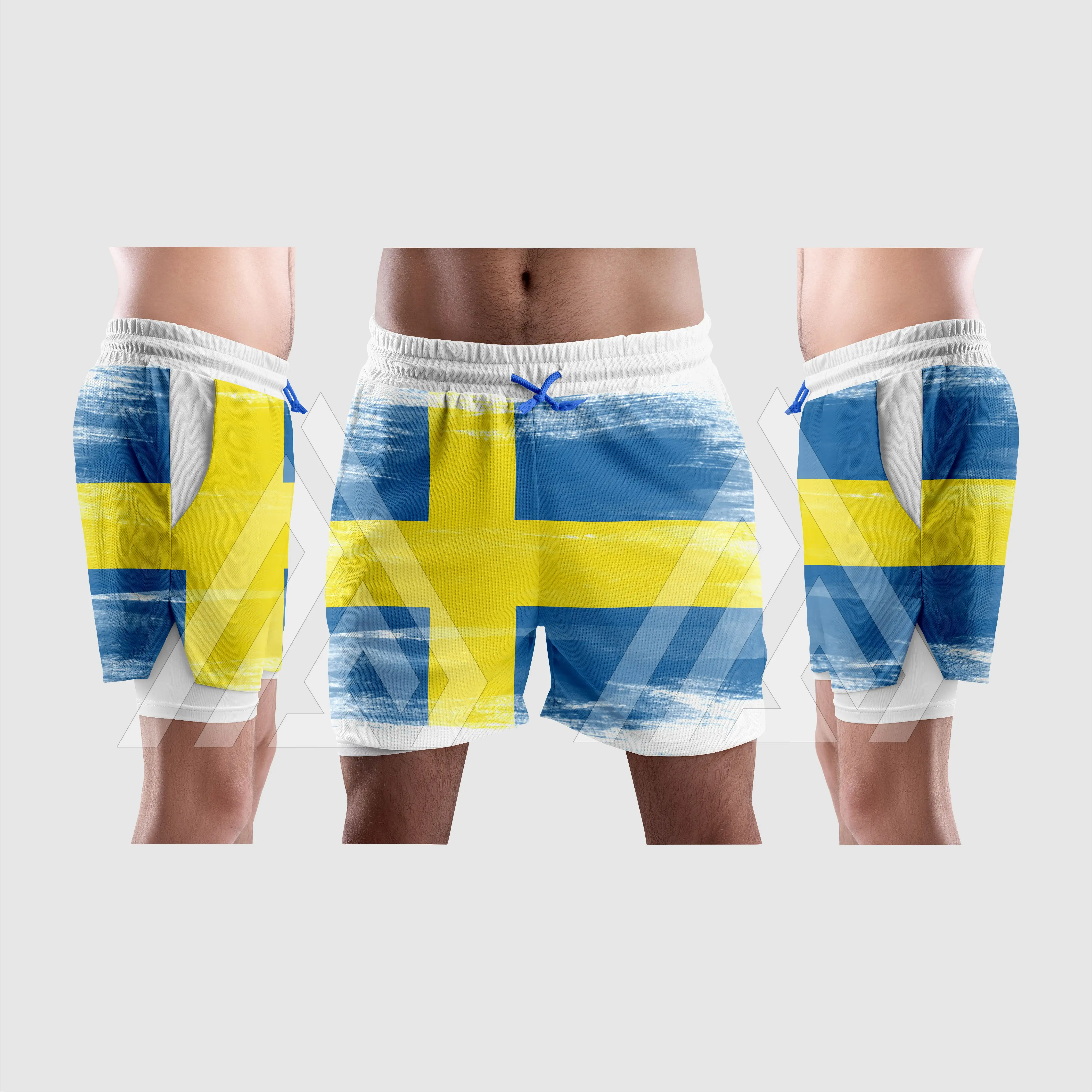 100% poliéster design personalizado Suécia bandeira sublimação impressão meninos casual esportes shorts com bolsos