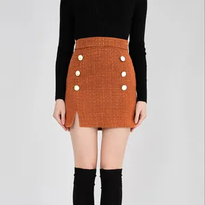 Orange Color Women's Mini Skirt Buttoned Zippered Slit Skirt