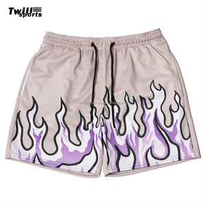 Short de course pour homme en maille respirante solide imprimé flamme séchage rapide taille élastique à la mode gymnastique basket-ball 2024 - Product Image 4