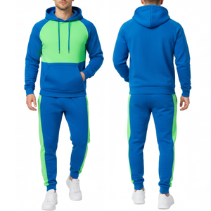 Ensemble de survêtement pour homme multicolore en gros - Sweat à capuche bicolore bleu électrique et vert lime avec pantalon de jogging à rayures latérales contrastées - Product Image 4