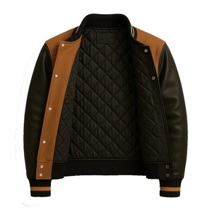 Mens Wool Body Bomber Jacket <b>Genuine</b> Leather Sleeves Coated Camouflage Waterproof Windproof School College Baseball Team Uniform - Product Image 2