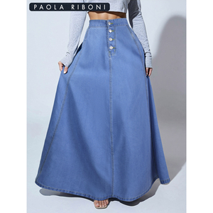 Jupe longue en jean taille haute Paola Riboni pour femme, coupe trapèze, ceinturée, délavée claire, couleur unie, style vintage, pour l'été, l'automne et le printemps - Product Image 2
