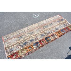 Tapis turc vintage classique, motif patchwork orange et bleu, fait main, en laine avec envers en latex, grand rectangle 2,6x6,7 pieds, poils moyens - Product Image 4