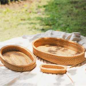 Decorative Handcrafted Rattan Oval Serving Tray Set 3 Pieces Durable Wicker <b>Basket</b> For Tabletop Organizer Kitchen Decor - Product Image 2