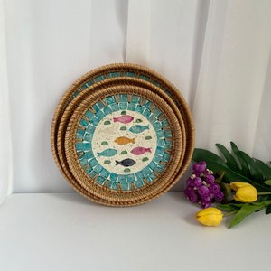 En cantidad a granel 2024 decoración bandeja de ratán mosaico tejido a mano redondo madre de perla bandeja de ratán con incrustaciones de Loto Azul Vietnam - Product Image 2