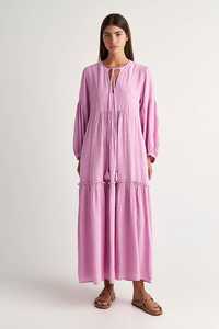 Atractivo 2025 estilo bohemio manga larga gasa tela Maxi vestido vacaciones mujeres cuello en V con gradas señoras Maxi vestido - Product Image 2