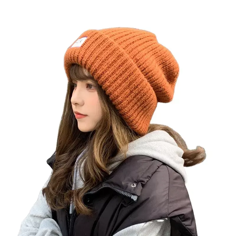 หมวกถักนิตติ้งใช้ได้ทั้งชายและหญิงหมวกบีนนี่สีทึบสำหรับฤดูหนาว