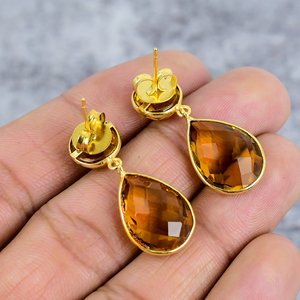 Boucle d'oreille en forme de citrine dorée Boucles d'oreilles en argent sterling 925 plaqué or Boucles d'oreilles bohème rondes et poires faites à la main - Product Image 4