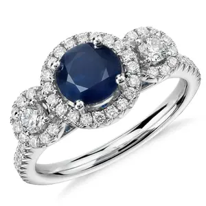 Platinum-Plated 925 Sterling Silver Round Shaped Criado Safira azul e elementos infinitos Cubic Zirconia 3 Stone Halo Ring