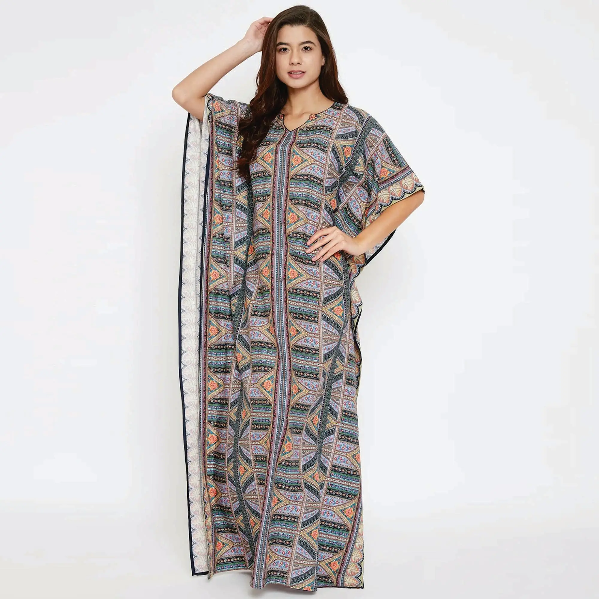 100% Baumwolle Symmetrischer Druck Maxi Länge Hypnotize Mehrfarbiger Digitaldruck Baumwolle Maxi Kaftan