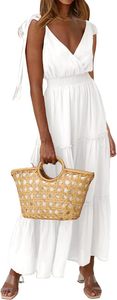 Attrayant 100% rayonne tissu dames longue blanche Maxi robe femmes décontracté bohème sans manches col en v plage robe d'été - Product Image 5