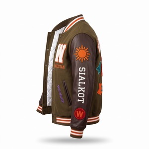Veste universitaire en chenille toute intégrale avec patchs, couleur olive, manches en cuir marron, modèle Club 26 Letterman, OEM - Product Image 3