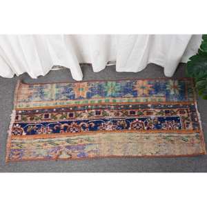 Vintage 1,5x3,3 pies azul Beige Alfombra de lana hecha a mano turco gran área rectángulo Patchwork ecológico pasillo látex respaldo habitación - Product Image 1