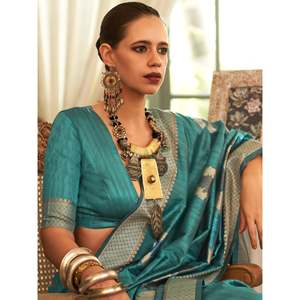 Sari en soie tissée bleu sarcelle cultivé, pour les festivals, accessoire de performance - Product Image 3
