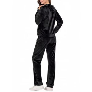 Ropa de salón para mujer, 2 uds., terciopelo con capucha, parte superior e inferior, 100% algodón, chándal negro para traje deportivo de invierno - Product Image 2