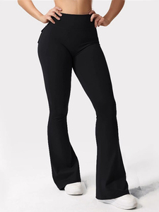 Women Button Pocket Workout Flare Pant Lady <b>Sexy</b> Solid Color Elastic Waist Bell Bottom Female Scrunch Butt Outdoor Yoga <b>Leggings</b> - Product Image 6
