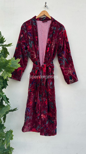 Kimono de algodón de terciopelo rojo oscuro, bata, chaqueta, bata, estampado de pájaro, boda, dama de honor, talla libre, transpirable - Product Image 6