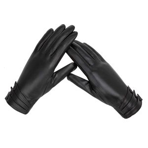 Guantes de cuero de PU de piel de oveja auténtica de invierno para hombre, mitones cálidos abotonados negros para conducción al aire libre, estilo liso a prueba de viento - Product Image 6