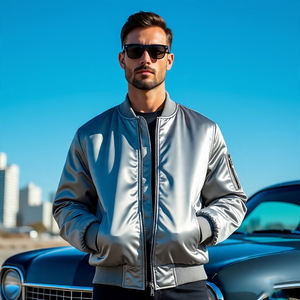 Blouson aviateur d'hiver décontracté en satin pour hommes 100% polyester boutonné en tissu satiné vestes d'université athlétiques pour hommes - Product Image 2