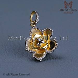 Designer Flower Shaped Handmade Pave Set Diamond 925 Sterling Silver Gold Plated Pendant Metarock Jewelry - Product Image 2