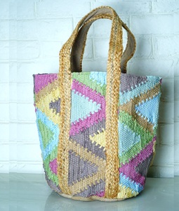 Sac fourre-tout bohème en jute rayé avec broderie à motif géométrique, ouverture supérieure, sac à main d'été pour femme, capacité 3L+ - Product Image 2