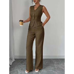 Ensemble deux pièces en lin pour femmes, chemisier sans manches boutonné devant et pantalon, 37765 - Café - Product Image 4