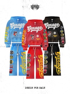Ensemble sweat à capuche et pantalon pour hommes Garage Members Only, streetwear, zippé, surdimensionné, en polyester tricoté, rouge, bleu, noir - Product Image 1