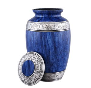 Urna Funeraria de Metal (Latón/Aluminio) Azul Antigua con Grabado Conmemorativo para Cenizas Humanas de Adultos - Product Image 2