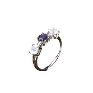 แหวนเงินแท้92.5 2.2กรัมสไตล์ชาติพันธุ์สีฟ้า iolite และสีรุ้งพลอยทรงรีเหลี่ยมเพชรพลอยธรรมชาติ - Product Image 1