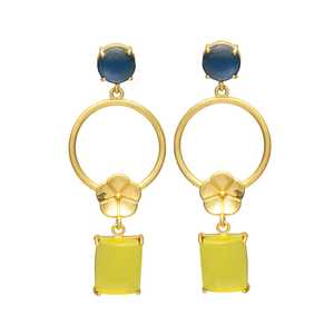 Nouvelle arrivée Boucles d'oreilles cercle et fleur avec pierres précieuses jaunes et bleues en or - Product Image 1