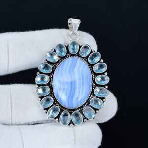 Pendentif en agate bleue et en aquamarine, pierre précieuse, argent sterling 925 massif, bijoux faits à la main, cristal bohème, haute qualité pour enfants - Product Image 5