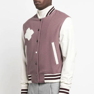 Hombres al por mayor Varsity Letterman chaqueta mezcla de lana cuerpo cuero mangas rayas acanalado Trim Stand botón a presión estilo Bombardero - Product Image 6