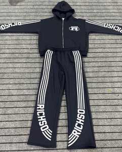 Chándal de gran tamaño con bordado personalizado, ropa de calle, sudadera con capucha y pantalones de chándal con cremallera a rayas desteñidas por el sol, conjunto de chándal de gran tamaño para hombre - Product Image 5