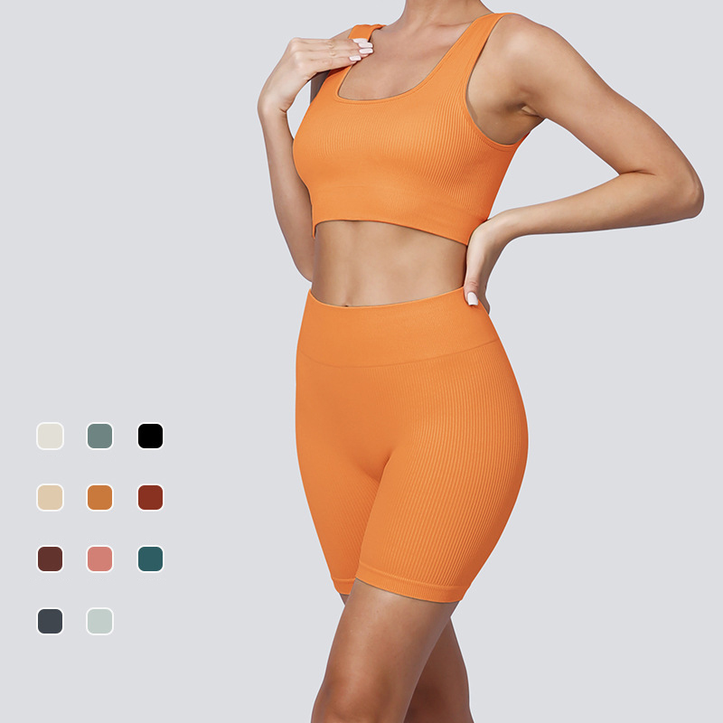Cross-Border Seamless High-Waist Yoga Wear Women's Solid Color for Knitted High-Elastic Ribbed Booty-Lifting Sports Set