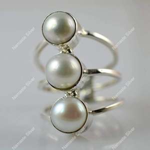 925 Sterling <b>Silver</b> Freshwater Triple Pearl <b>Ring</b> Handmade Boho June Birthstone Promise <b>Statement</b> Jewelry Unique Pearl <b>Ring</b> - Product Image 3