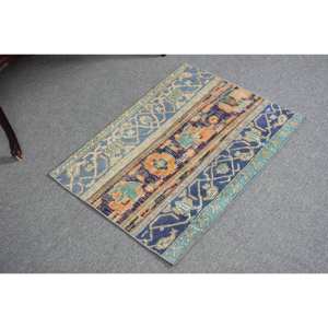 Alfombra de lana turca vintage de 2x2,7 pies, tejido plano de gran tamaño, respaldo de látex, diseño de retazos azul naranja para decoraciones de sala de estar - Product Image 2