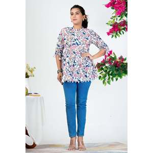 Blusa Peplum de Algodón con Estampado Floral Blanco para Mujer, Mangas 3/4, Estilo Casual Étnico Fusion, Tallas XS-XL, Estilo Coreano Formal, Tejido Popelín - Product Image 6