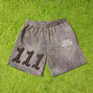 Pantalones cortos bordados con parche de lavado ácido para hombres, ropa de calle gruesa con cordón Vintage, apliques para el sudor - Product Image 1