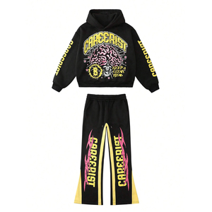 Chándal con estampado personalizado de letras y figuras para hombre, Sudadera con capucha y estampado DTG, pantalones acampanados, conjunto informal de 2 piezas - Product Image 1