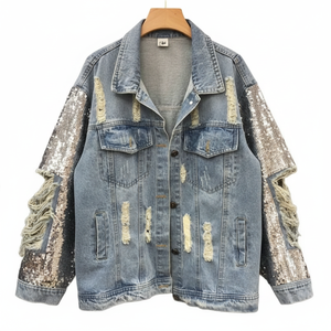 Chaqueta Vaquera Reversible Acolchada para Mujer, Estilo Informal, para Otoño, con Cierre de Botones, Acabado Lavado, Forro de Nailon, Ajuste Holgado, con Lentejuelas - Product Image 1