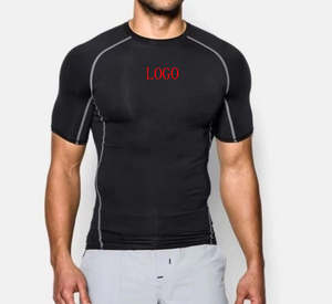 Camiseta Deportiva de Manga Corta para Hombre, Cuello Redondo, Segunda Piel, para Correr, al por Mayor, Negra y Blanca, con Protección Solar UPF - Product Image 1