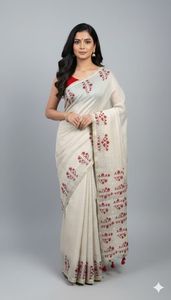 ผ้าส่าหรีผ้าฝ้ายคัดพิเศษสำหรับผู้หญิง ดีไซน์แบบอินเดีย ลายจาemdani พร้อมผ้าคลุมศีรษะแบบเช็คซ์ สำหรับงานแต่งงาน - Product Image 3