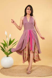 ชุดเดรสยาวสไตล์โบฮีเมียนแขนกุดเชือกผูกคอผ้าไหมพิมพ์ลายดอกไม้ชุดชายหาดซักได้เอวธรรมชาติ - Product Image 3