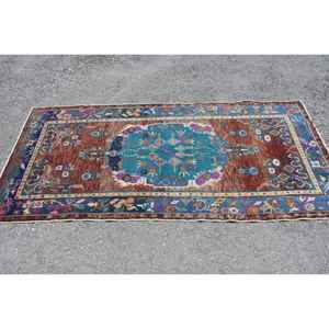 Alfombra Turca Vintage, Alfombra de 3.6x7.6 pies, Alfombra Azul Marrón con Puntos - Product Image 3