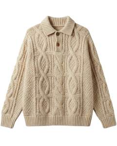 Manufacturer Mens <b>Cable</b> <b>Knit</b> Polo <b>Sweater</b> Long Sleeve Button Neck Casual Winter Pullover Top In Beige For Wholesale Bulk Order - Product Image 1