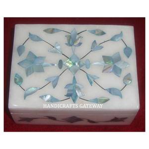 Arte con incrustaciones florales de la mejor calidad, proveedor indio de incrustaciones de madreperla azul, caja decorativa de almacenamiento de alimentos secos de mármol blanco Natural - Product Image 1