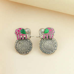 Anokhi Fusion Elephant Motif Ear Studs Trendy Religious Cute Brass Copper Jewelry with Diamond Pearl Bezel Setting for Parties - Product Image 4