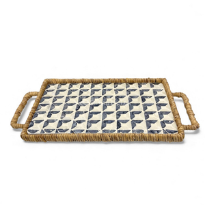 Bandeja de Ratán Hecha a Mano con Incrustaciones de Nácar y Borde de Jacinto de Agua para Servir Alimentos y Decorar Mesas - Product Image 2