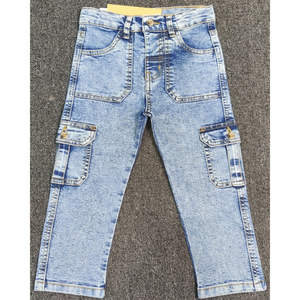Pantalon cargo long en denim extensible/coton brodé pour garçons, 6 poches, faux zip, design délavé, poches à rabat avant/arrière visibles, coupe régulière - Product Image 2
