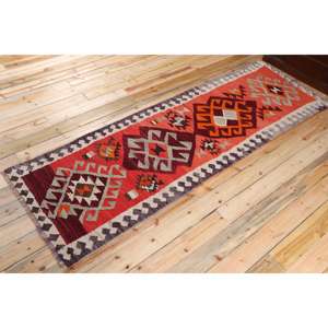 Vintage Rug, <b>Runner</b> 3x9.6 ft Rug, Kilim <b>Red</b> Ikat Rug - Product Image 2